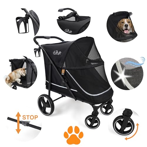 MY DUQUE – Hundebuggy Hundewagen CHAMP – XL Buggy große Hunde, geräumig, Haustierwagen, Katze, Hund, Zusammenfalten, inkl. Regencover, Getränkehalter, Stauraum, max. Last 50kg/110lb, Schwarz