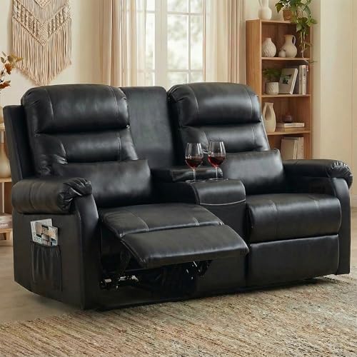 Image of RV Loveseat Recliner with Console, Reclining Loveseat Sofa, Manual Home Theater Seating with Pockets /Cup Holders for Living Room /RV Furniture (Black PU)