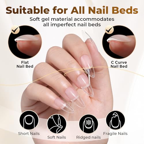Image of UNA GELLA Almond Gel Nail Tips, 504PCS Pre Etched Clear Fake Nails Tips Medium Almond Shape - 12 Sizes Full Cover Soft Acrylic Press On Nail Extensions No C Curve Gift for Diy at Home