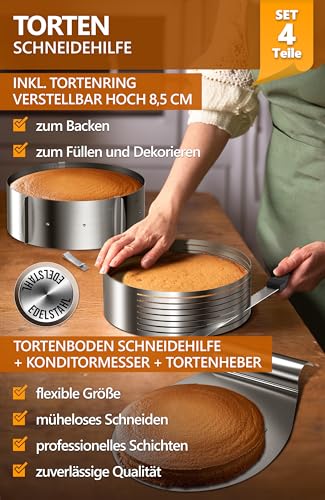 Foto von 4smile Tortenzubehör - Edelstahl Torten Schneidehilfe Set, 4 Teile - Tortenboden Schneidehilfe + Konditormesser + Tortenheber + Tortenring verstellbar hoch 8,5 cm - Kuchen Schneidehilfe Set