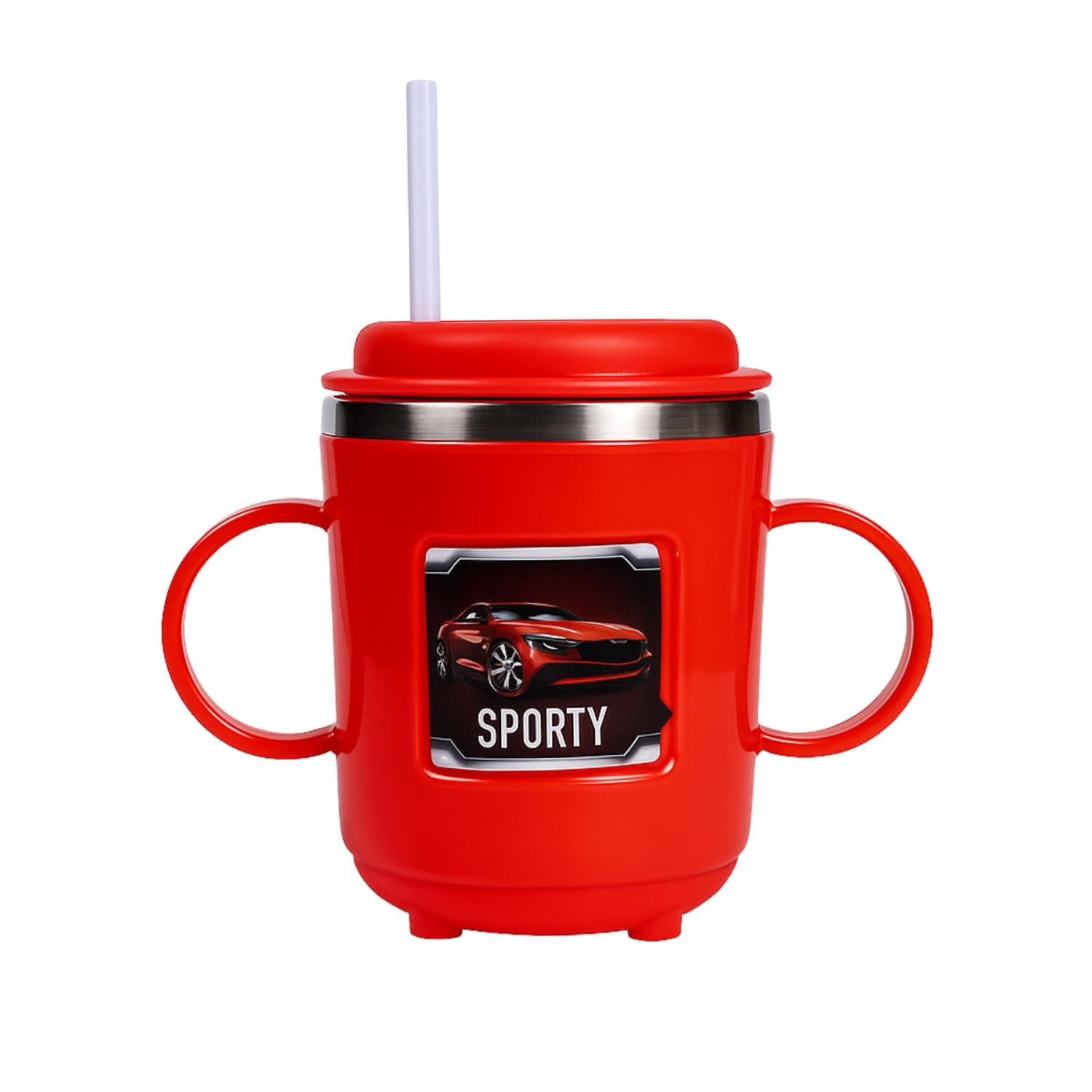 Insulated Coffee Mug Sporty Sipper Mug with Straw and Dual Handles Spill Proof Cup for Toddlers Children Cartoon Print Water Milk Mug for Home School Travel Use (Set of 1_300ml) (RED)-image-31