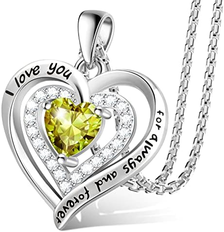 Sterling Silver Birthstone Necklaces for Women Forever Love Heart Pendant Necklace Created Peridot Jewelry Anniversary Valentines Day Gifts Birthday Gifts for Mom Wife Girls Her Grandma