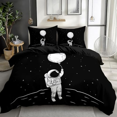 Duvet Cover King Size Cartoon Line Drawing Astronaut Reversible 3 Pieces Duvet Cover Set, Bedding Set for All Season, Soft and Breathable Bedding Set with Zipper Closure