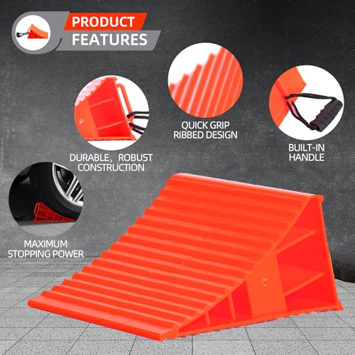Image of Homeon Wheels RV Camper Large Wheel Chocks Extra Wide with Handle and Rope for Travel Trailers, Cars, Tire Chocks Blocks 2 Packs Hard Plastic Heavy Duty(Red)