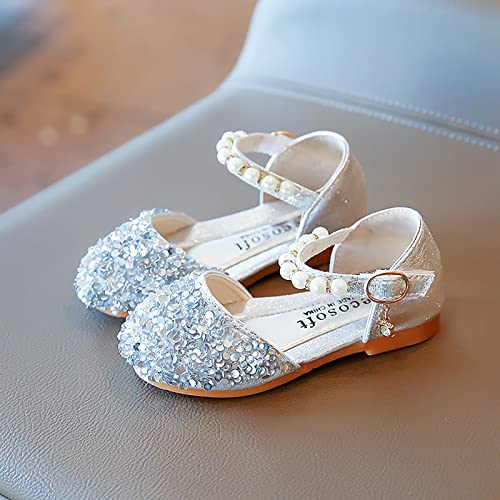 White Sandals for Girls Fashion Sandals Dress Dance Performance Princess Shoes Pearl Mesh Bow Shoes (Silver-2, 26)3