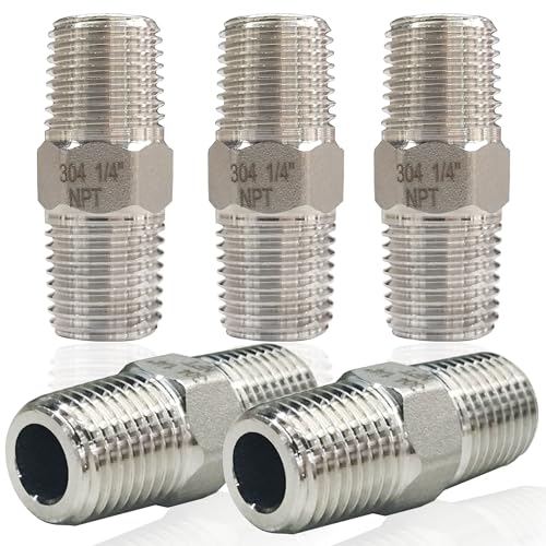 Zouni ZOUNI-230315001 5Pcs Hex Nipple 1/4 Inch Male X 1/4 Inch Male Pipe Fittings, 304 Stainless Steel Npt 1/4 Inch Male Threaded Pipe Adapter Fittings Equal Nipples Connectors cover