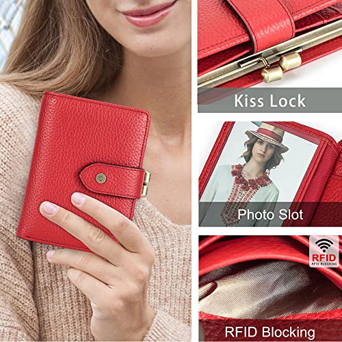 Contacts Womens Kiss Lock Wallet Small Leather Kiss Clasp Coin Purse Card Holder Bifold Rfid Wallet for Women with Photo Window (Red)2