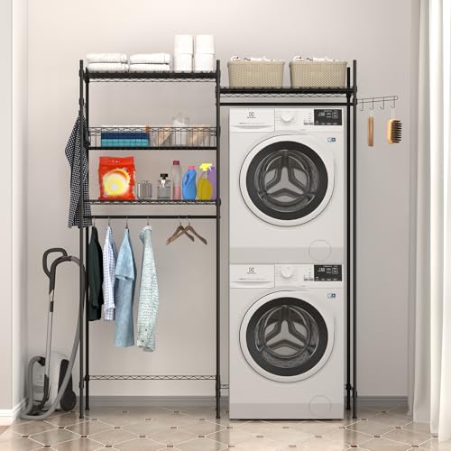 GarveeHome Over Washer and Dryer Shelves, 57.4" W Laundry Room Clothes Drying Rack, Height Adjustable Towel Racks with Hamper and Hooks, Space Saving Laundry Room Organization and Storage