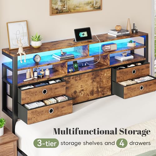 Image of Homkdom Bed Frame Queen Size with 3-Tier Storage Headboard and 4 Drawers,Queen Platform Bed Frame with LED Lights & Charging Station,Metal Queen Bed,Noise-Free,Rustic Brown