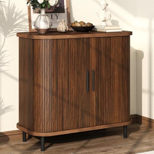 UNIQUITE Fluted Sideboard Buffet Cabinet, 31''W Storage Cabinet with Sliding Door, Coffee Bar Buffet Cabinet for Living Room, Kitchen, Entryway, Walnut