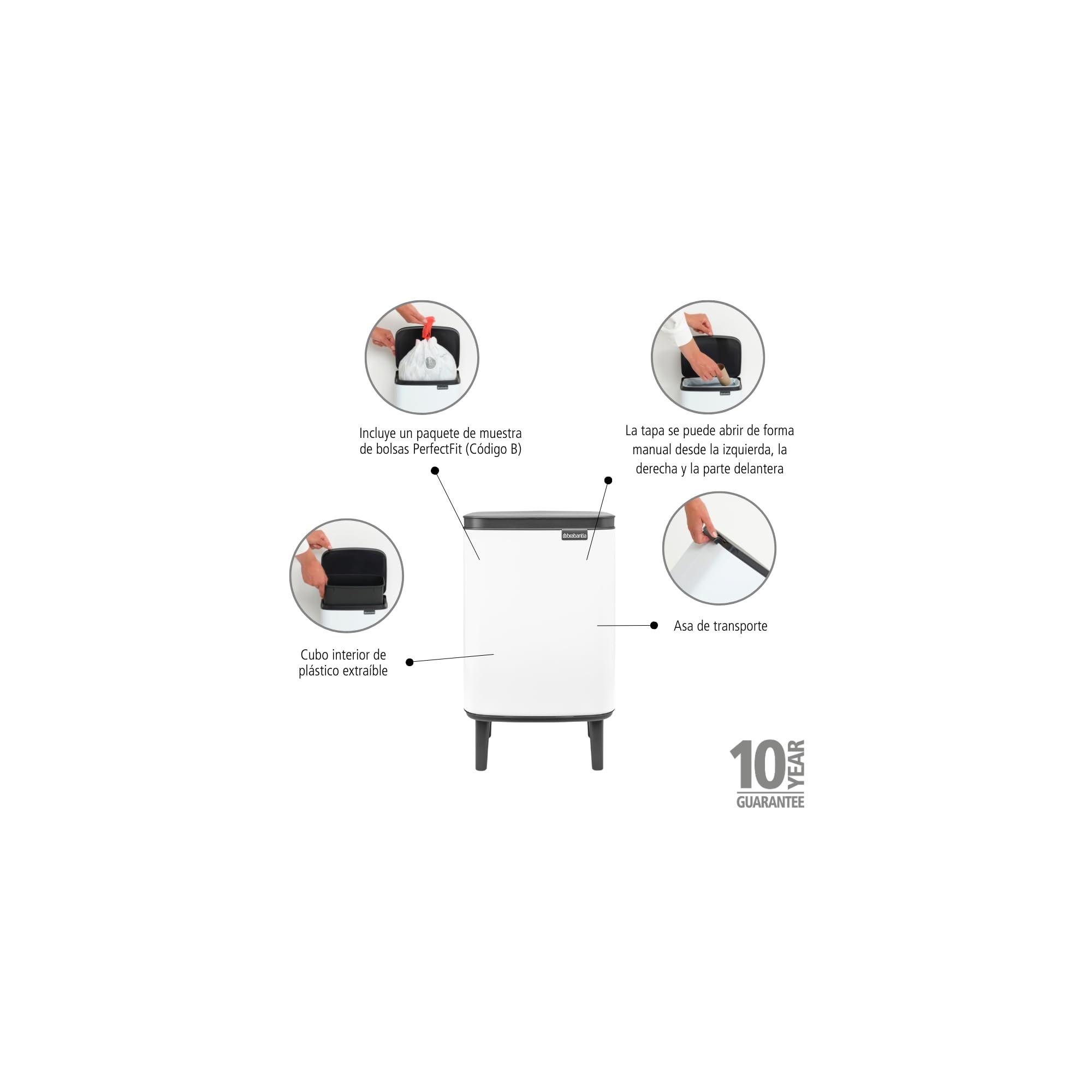 Brabantia - Cubo de basura Bo Hi 7 L con tapa de cierre suave, interior extraíble y asa de transporte - Adecuado para baño, dormitorio y oficina en casa - White