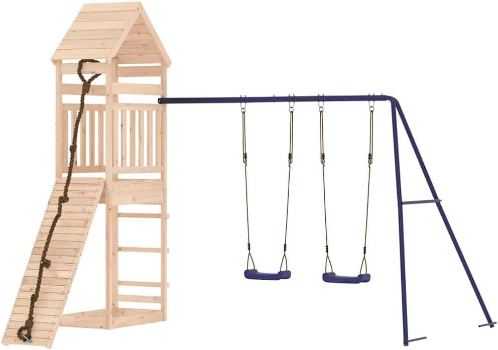 Outdoor Playset with Climbing Wall and Double Swings, Solid Pine Wood Construction, Rustic Brown Finish, Blue Polypropylene Swing Seats, 101.2 cm Wide, 124.0 cm Long, 103.9