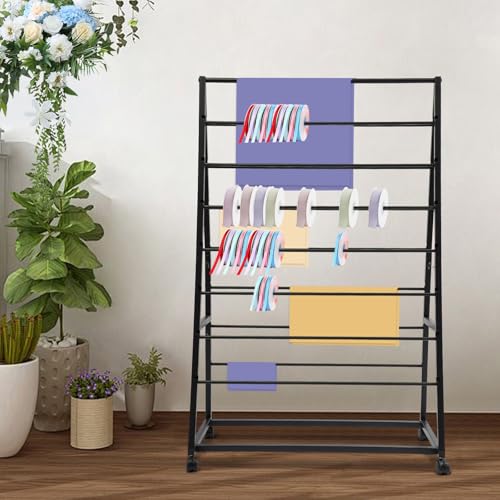 WOQLIBE 15 Tier Ribbon Holder Organizer Rack with Wheels, Double-Sided Metal Storage Shelf Freestanding Movable Scarf Rack Stand for DIYs, craft stores, homes, florists, gift stores, studios