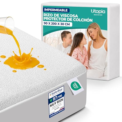 Utopia Bedding Protector de Colchón 90 x 200 x 30 cm Impermeable, Viscosa, Certificación Oeko-Tex, Funda Colchón Transpirable, Elástico En Todo