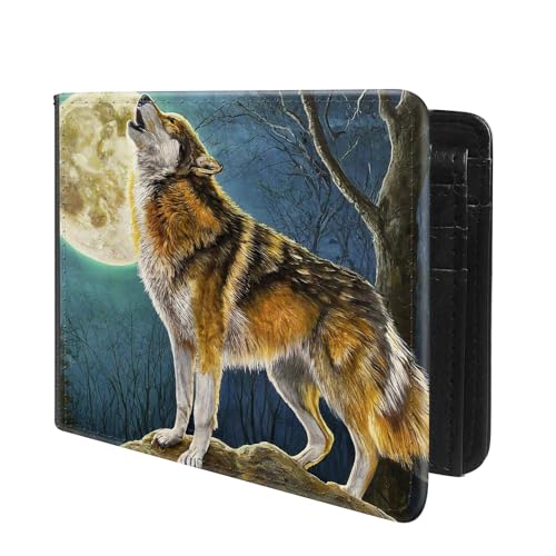 Front Pocket Slim Bifold Leather Wallet RFID Blocking with ID Window for Men/Wolf GC1538