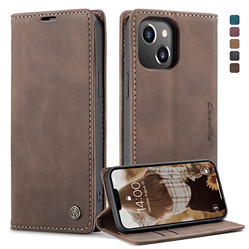 owlhold hülle iPhone 13 klapphülle Premium Lederhülle Weiches Vintage-Nubukleder Faltbare Ständer Schutzhülle Kartenfach Standfunktion stoßfest Handyhülle iPhone 13 -Kaffee