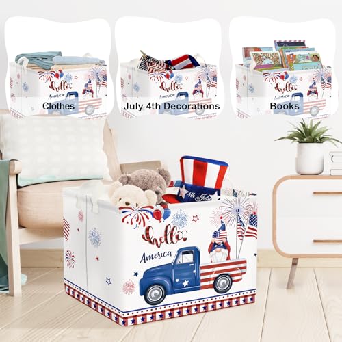 Image of Clastyle Independence Day Patriotic Baby Gift Basket American Flag Firework Kid Book Toy Nursery Bin Collapsible Beach Towel Basket Clothes Organizer, Gnome, 40*30*30 cm