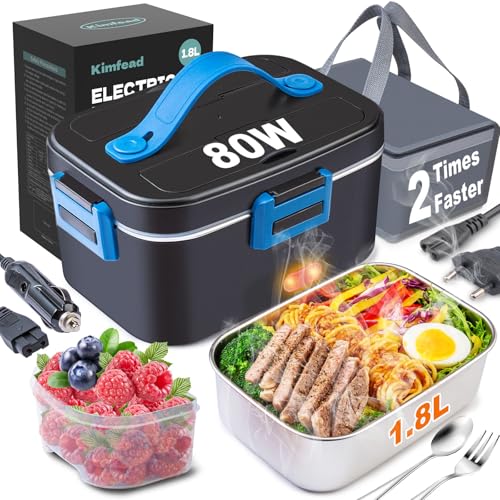 Kimfead Fiambrera Eléctrica 80W Acero Inoxidable 1,8 L Taper Electrico para Comida 12V/24V/230V, Calentador de Comida para Coche/Camión/Oficina, bolsa comida Trabajo(1.8L-Azul)