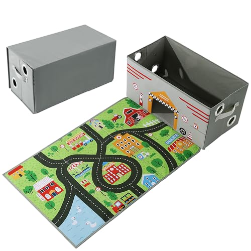 Image of HOMBYS Toy Car Storage Box with Play Mat,Toy Car Storage Organizer with Car Mat for Kids Toy Cars,Collapsible Toy Storage Car Storage Bin(Not Included Cars),Grey Car Rugs for Kids Toy Cars,Large