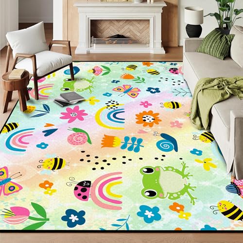 6' x 9' Rainbow Rug for Kids Boys Girls Children Bedroom Playroom Frog Butterfly Floral Cartoon Area Rugs Cute Carpet Living Room Decor Dorm Door Floor Mat Rainbow 05 6' x 9' (Rectangular)