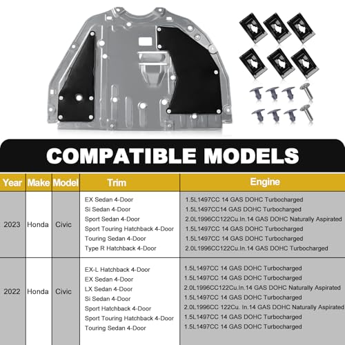 Image of 74111-T20-A00 74113-T20-A00 Lower Engine Splash Guard Under Car Shield Cover Board for Honda Civic 2022 2023, Front Centre Underbody Shield | with Engine Cover Pins and Bolts, Replace# 74111T20A00