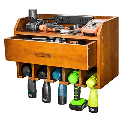 Power Tool Organizer Storage - Garage Organizer Drill Charging Station - Wooden Cordless Drill Holder Rack Wall Mount with Drawer(Brown)