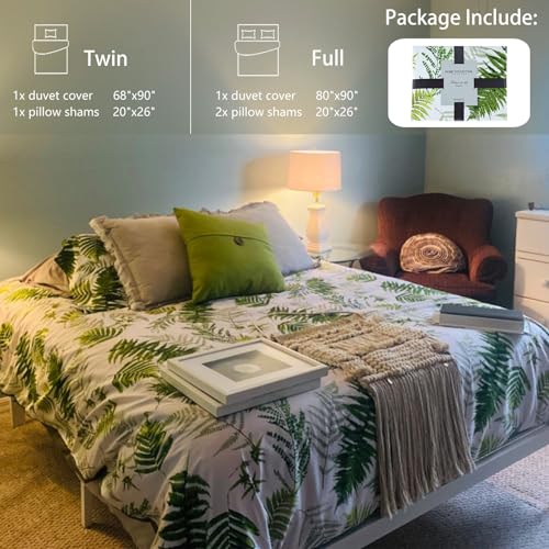MILDLY 100% Long-Staple Cotton Duvet Cover Set Green Palm Leaf Pattern Printed Comforter Cover 3pcs, Ultra Soft & Breathable Bedding Set