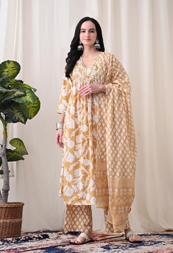 Image of MEERA FAB Alia Cut Kurta Palazzo and Dupatta Set,Pure Cotton, with Embroidery, Block Print