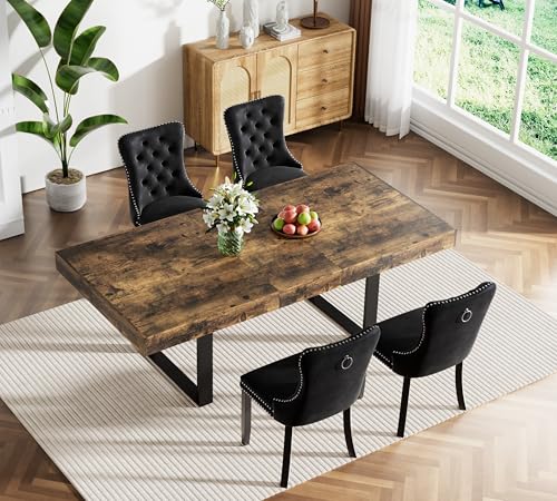 Image of Rustic Brown Dining Room Table Set for 4, 5-Piece 63 inch-78.74 inch Extendable Dining Table Set with 4 Upholstered Chairs, Rectangle Wooden Expanding Kitchen Table and Black Chairs Set
