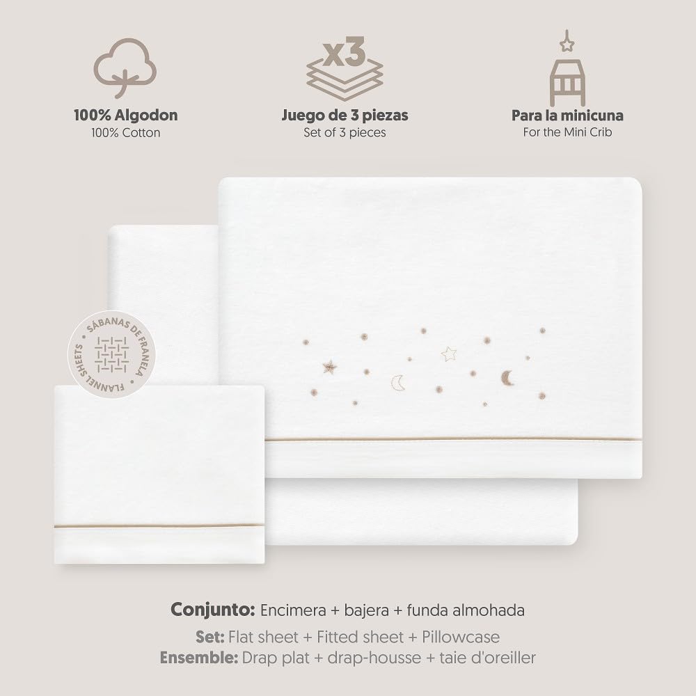 Interbaby - Set di lenzuola per culla da 50 x 80 cm, 100% cotone | Lenzuola per culla in flanella calda | Include lenzuolo con angoli, lenzuolo sopra e federa | Ideale per l'inverno | Stelle Luna
