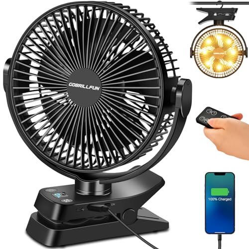 GOBRILLFUN Ventilateur à pince 12 000 mAh avec télécommande, rechargeable par USB avec lumières LED, ventilateur à piles avec 5 vitesses pour bureau,...