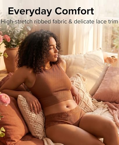 Image of Knowyou Cotton Underwear for Women No Roll Soft Panties No Dig Lace Waist Hipster Breathable Cheeky Lingerie for Women