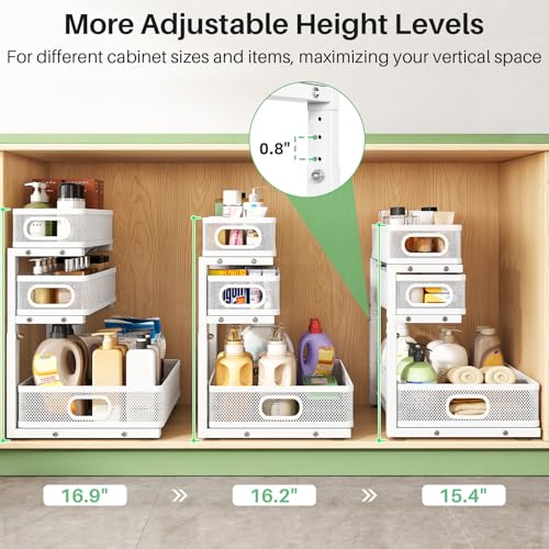Image of Kitstorack Under Sink Organizer, 2-Pack 3-Tier Height Adjustable Thickened Metal Pull out Cabinet Organizer Shelf, Slide out Storage Drawer Rack for Bathroom Kitchen Pantry Home Laundry Organization