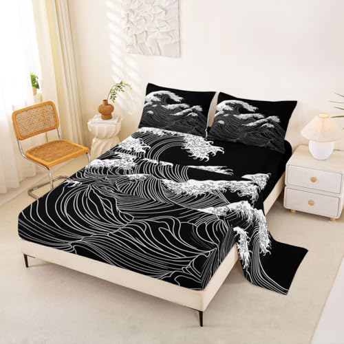 Erosebridal Japanese Bed Sheets Set Full Black Kanagawa Sheet Set Abstract Japan Ocean Waves Sheets Geometric Lines Flat Fitted Sheet