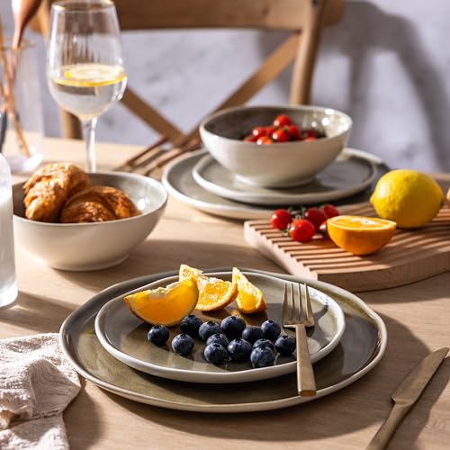 Image of LERATIO Ceramic Dinnerware Sets for 6,Porcelain Plates and Bowls Sets with Wavy Edge,Microwave & Dishwasher & Oven Safe,Light Weight & Scratch Resistant Dishes Sets-Olive Green