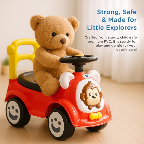 Image of Mee Mee Safari Cruze Ride on for Kids with Light Button,Music & Horn Steering, Push Car for Baby with Backrest, Safety Guard, Under Seat Storage & Big Wheels, Ride on for 1-3 Yrs Upto 25 Kgs (Red)