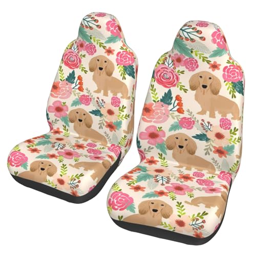 ダックスフント 花柄 カーシートカバー 前列用 通気性 滑り止め 消臭 抗菌 取り付け簡単 オールシーズン対応 カーシートクッション 洗える 軽自動車用シートカバー 人気 おしゃれ シートカバー (2枚組)