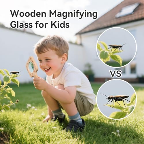 Magnifying Glass for Kids Wooden Montessori Educational Explore Toy Magnifying Glasses and Wood Bug Cards for Outdoor Adventure Birthday Gift for Boys Girls Ages 3+