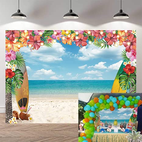 CUMIASummer Hawaii Beach Party Backdrop Aloha Party photo background Tropical Flowers Palm Trees Blue Sky Ocean Decor Banner Baby Shower Supplies (8X6FT)