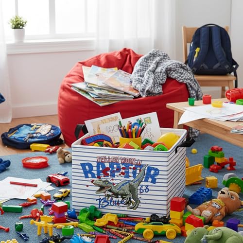 Image of Kid Dinosaur Storage Basket, Blue Striped Tyrannosaurus Rex | Rectangular, Collapsible, Room Decor, Nursery Gift Basket, Baby