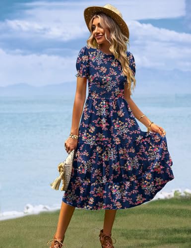 Image of YESNO Women's Summer Causal Puff Short Sleeve Smocked Dress Elastic Waist Tiered Midi Dress with Pockets EP2