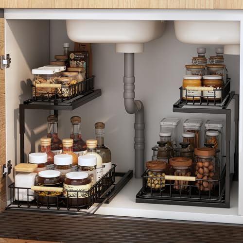 Catálogo de Almacenaje bajo fregadero los mejores 10. 47 Uzelia Organizador Bajo del Fregadero con Deslizamiento Ajustables, Estante Organizador de Fregadero Cocina y Baño Extraíble para Gabinete 2 Niveles, Cajón Deslizante Metal,...