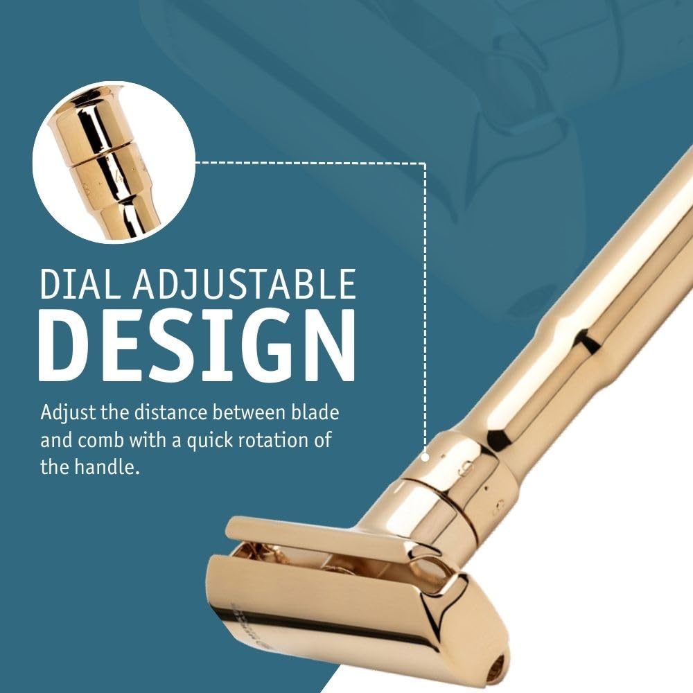 MERKUR FUTUR 702 Adjustable Double Edge Safety Razor - 18k Gold Plated Shine, Adjustable Razor With Dial, Made in Germany, Plastic-Free, Snap-On Cap Design, Straight Bar 3