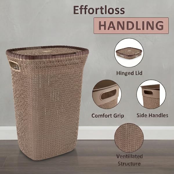 Image of KITCHIVO Plastic Large 55 Ltr Laundry Basket with Lid & Handle | Multipurpose Hamper Bins Storing Washable Clothes, Blankets | Household Ideal for Home & Bathroom (Marriott Cream Laundry Basket)