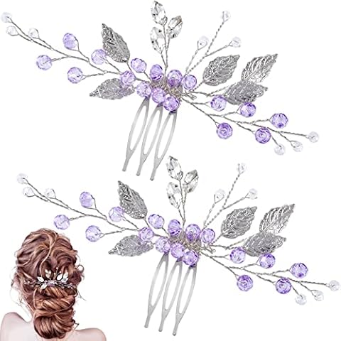PAGOW 2PCS Leaf Hair Combs, Purple Rhinestone Hair Comb Clips, Hair Side Comb Clips, Crystal Wedding Headpiece Hair Accessories For Women, Girls, Bride, Bridesmaid (4.73 x 2.76 inch) Cover