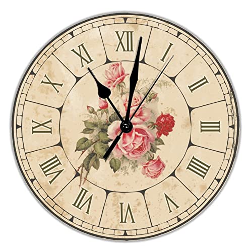 Reloj de pared redondo de PVC con diseño de rosas y flores, funciona con pilas, silencioso, de 10 pulgadas, rústico, para sala de estar, hogar, dormitorio, oficina, jardín