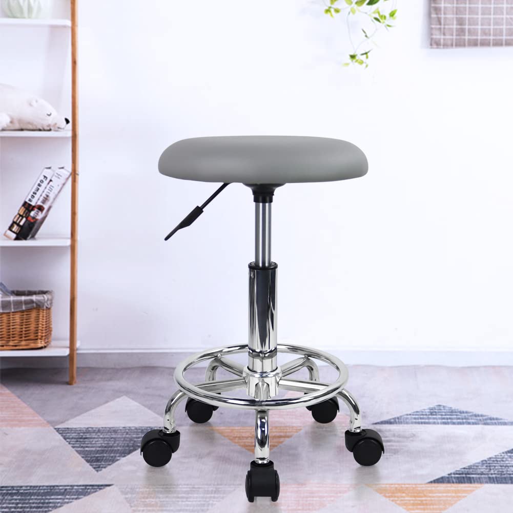 KKTONER Taburete con Ruedas y reposapiés de Piel sintética Taburete de Trabajo Redondo Giratorio 360° Taburete de Oficina con Altura Ajustable 49-64cm Gris