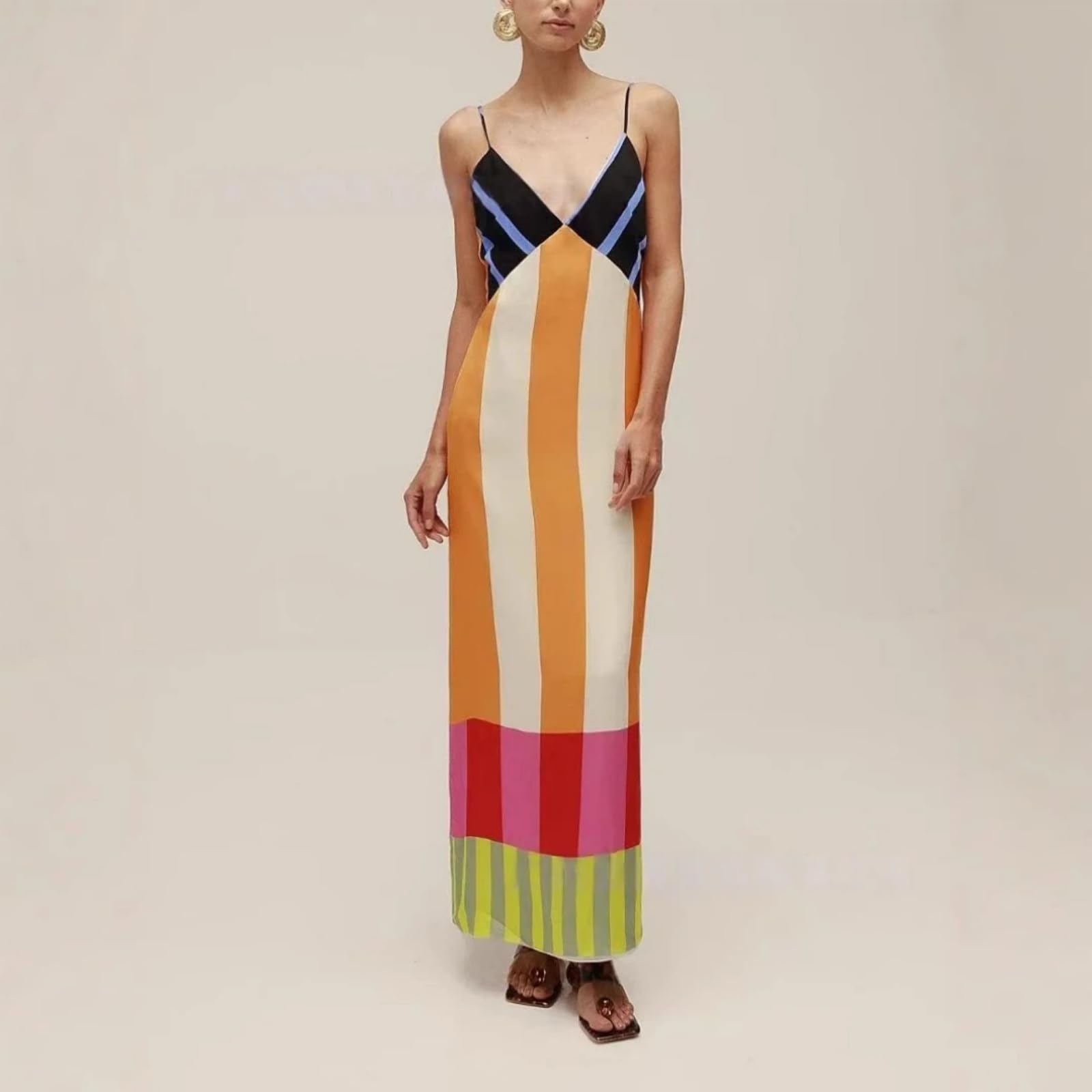 Vestido de Tiras de Verano para Mujer, Conjunto de Playa con Bloques de Color