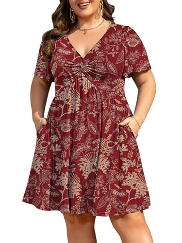 Image of Manllenshie Womens Plus Size Summer Dress Casual Short Sleeves Deep V Neck Twist Knot Front Flowy Dress with Pockets