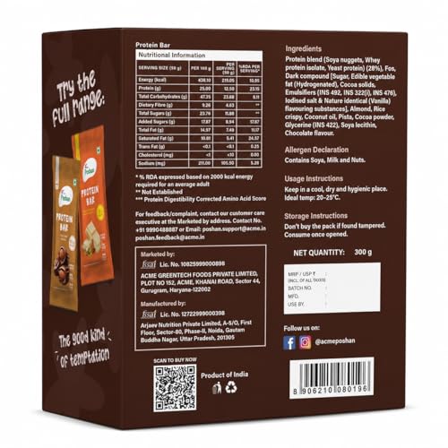 Image of Acme Poshan High Protein Bar, Dark Chocolate & Dry Fruits (50g, Pack of 6) | 12.5g Protein | High Fiber | No Artificial Colors | Healthy Snack
